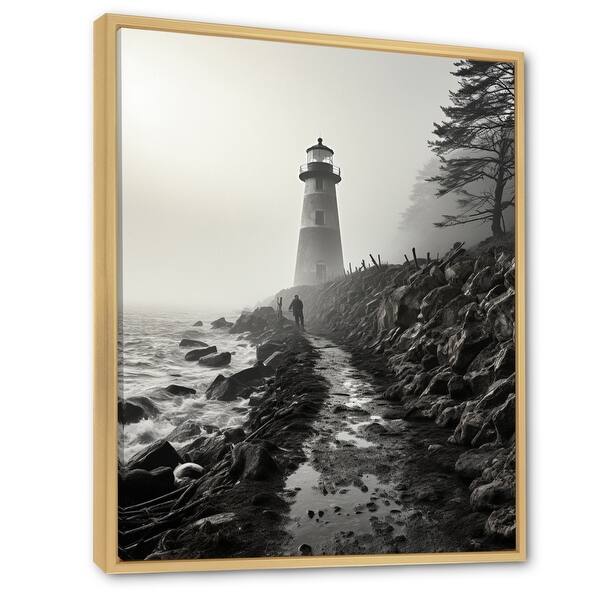 Designart "Black White Lighthouse Misty Horizon" Lighthouses Framed Wall Art Prints Bed Bath